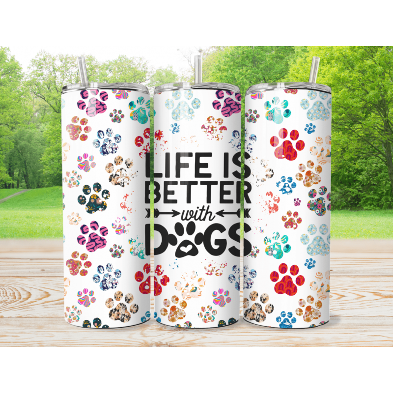 Life is better with Dogs Patterned Pawprints 20oz Tumbler