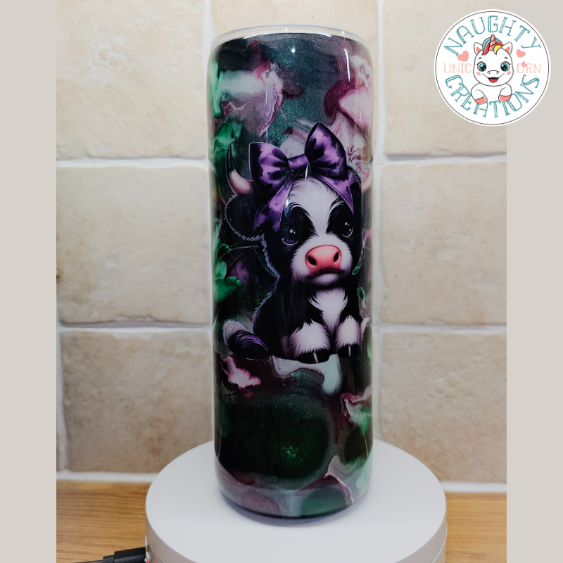 RTS - Purple Moo-Bat on Green and Purple Ink Swirl 20oz Tumbler